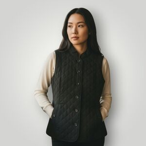 J.Jill Black Quilted Vest Large Diamond Stitch Sleeveless Jacket Preppy Coastal